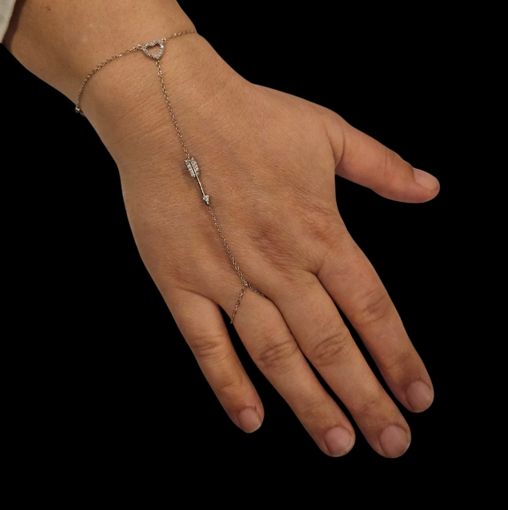 Sterling Silver 925 Heart & Arrow Hand Chain Slave Bracelet with CZ